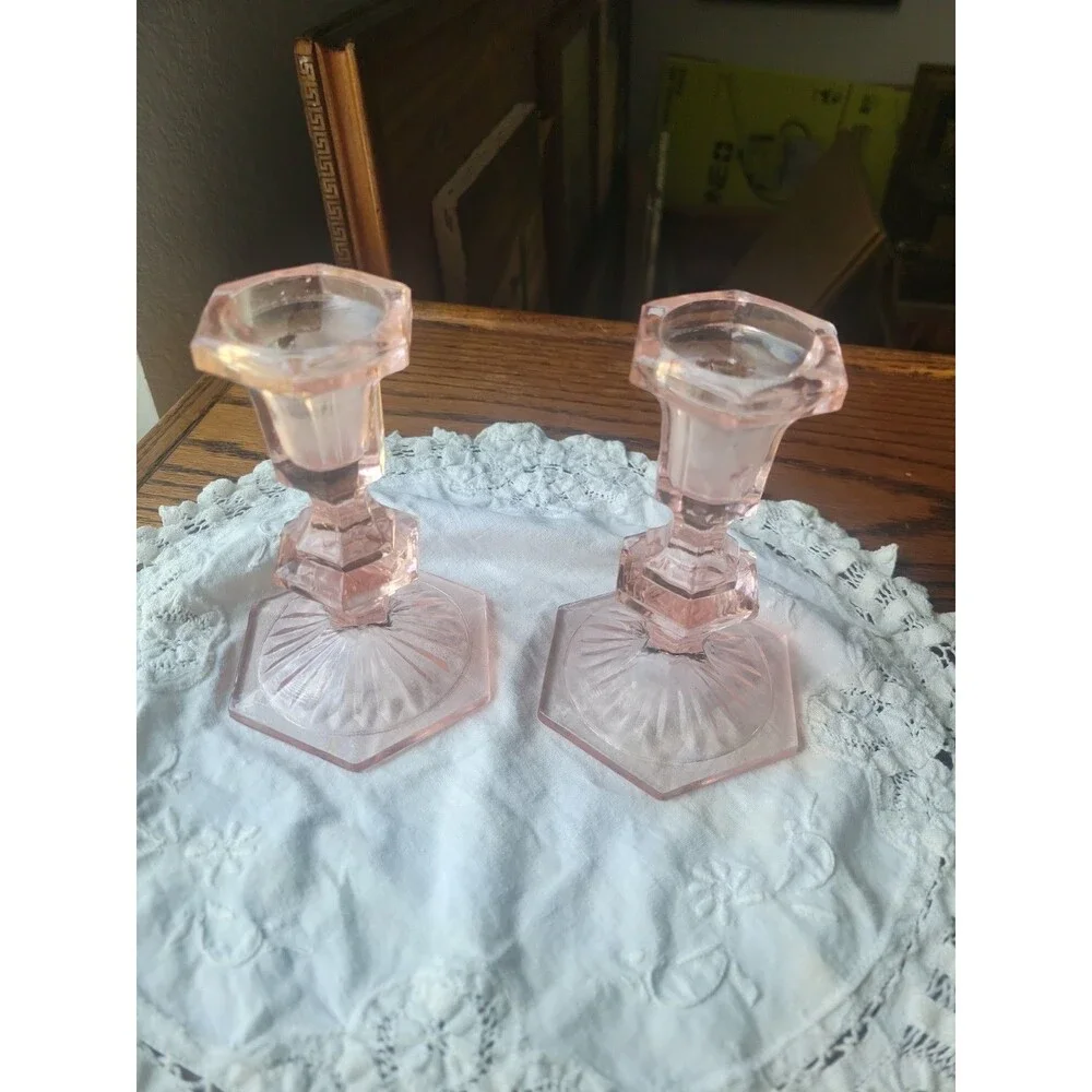 Vtg Depression Glass Pair of Dark Rose Pink Candlestick Holders  5